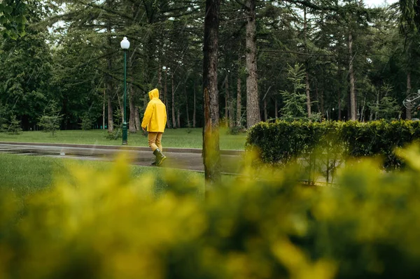 一人で夏の公園を雨の日に歩いている 雨のケープとゴムブーツの男性の人 路地でぬれた天気 — ストック写真