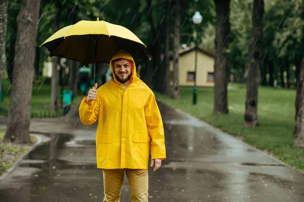 雨天带着雨伞在夏日公园里散步的人 穿着雨衣和橡胶靴的男性 潮湿的天气 — 图库照片