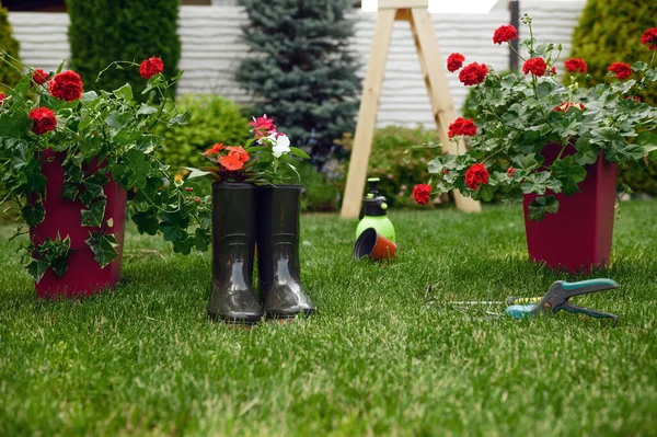 Gardening Tools Rubber Boots Nobody Gardener Florist Equipment Watering Spray — Stock Photo, Image