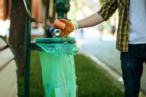 Young Man Puts Garbage Plastic Bag Park Volunteering Male Person — Stock Photo, Image