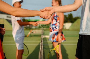 Mixed doubles tennis tournament, outdoor court. Active healthy lifestyle, people play sport game with racket and ball, fitness workout with racquets clipart