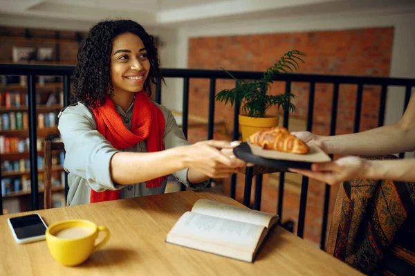 Pretty Female Student Takes Croissants Cafe Woman Learning Subject Coffeehouse — Stock Photo, Image