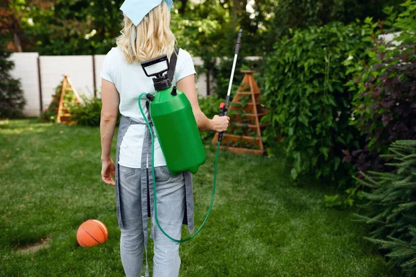 Woman Apron Watering Flowers Garden Female Gardener Takes Care Plants — Stock Photo, Image