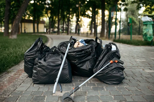 Full Plastic Trash Bags Park Volunteering Motivator Ecological Restoration Eco — Stock Photo, Image