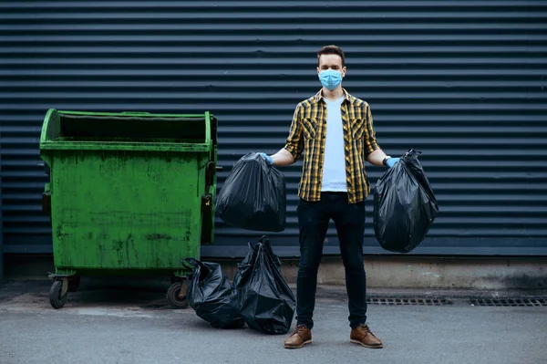 Volunteer Mask Holds Plastic Trash Bags Outdoors Volunteering People Cleans — Stock Photo, Image