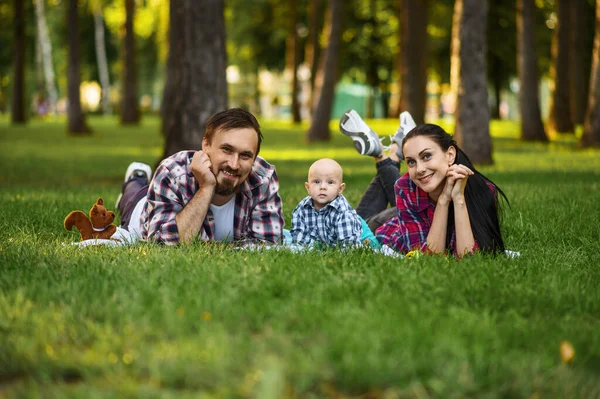 在夏天的公园里 爸爸和小宝宝在草地上休息 爸爸妈妈带着男孩在草坪上 带着孩子在森林里野餐 家庭幸福 — 图库照片
