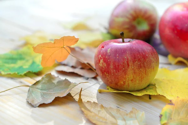 Red Fresh Apples Autumnal Leaves Put Table — Stock Photo, Image