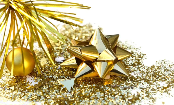 Gyllene Stjärnformade Menyfliksområdet Glitter Och Jul Boll Vit Bakgrund — Stockfoto