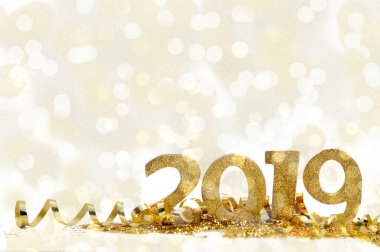 Altın rakamlar 2019 glitter ve parlak bokeh arka plan
