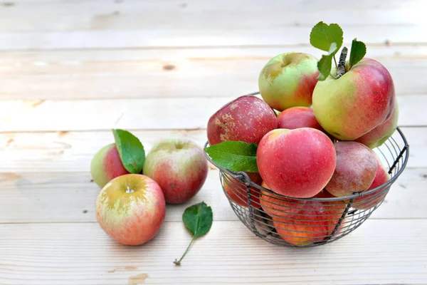 Frische Äpfel Aus Dem Garten Einem Korb Auf Einem Holztisch — Stockfoto