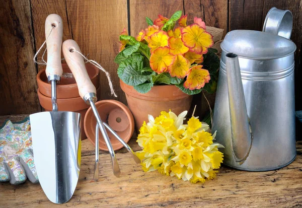 Gartengestaltung Mit Werkzeug Und Blumentopf Auf Einem Holztisch — Stockfoto