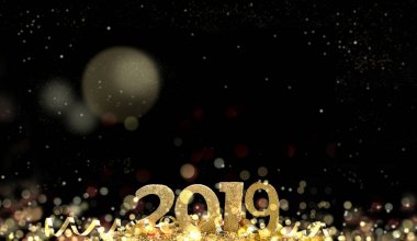parlak ışıklar siyah zemin üzerine altın rakamlar 2019 