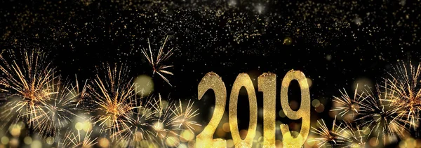 2019 Golden Sparkly Figures Fireworks Blur Lights Background — Stock Photo, Image