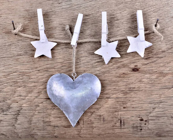 Metallic Heart Stars Hanging String Wooden Background — Stock Photo, Image