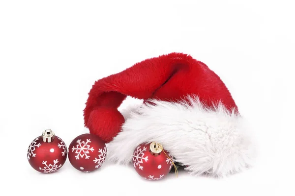 Santa Klaus Cap Red Christmas Baubles Isolated White Background — Stock Photo, Image