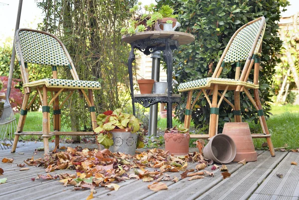 Chairs Table Wooden Patio Covered Leaves Autumn — Stock Photo, Image