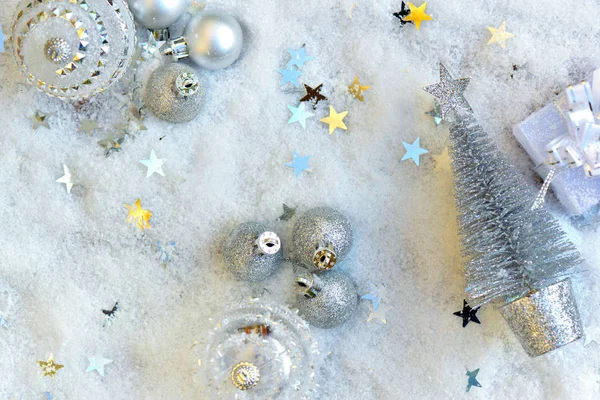 Top View Silver Christmas Decoration Stars Snow Background — Stock Photo, Image