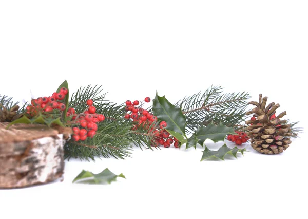 Branches Pin Houx Baies Dans Décoration Noël Naturelle Traditionnelle Sur — Photo