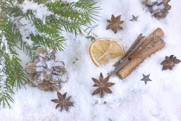 Étoile Anis Cannelle Sur Neige Dans Décoration Noël Hiver — Photo