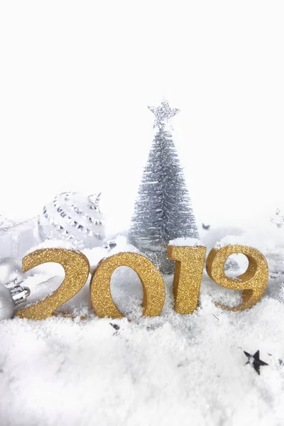 2019 Новий Рік Золоті Фігури Різдвяній Прикрасі Снігу — стокове фото