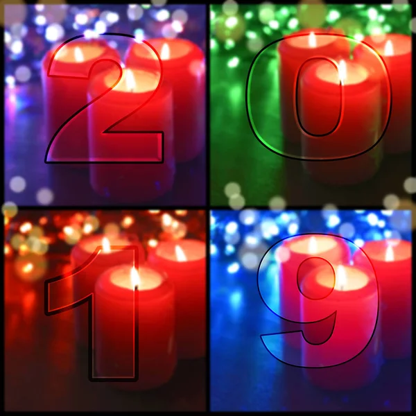 Composición Velas Luces Navidad Para Tarjetas Felicitación Para 2019 Año —  Fotos de Stock