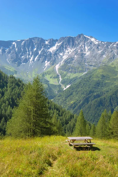野餐桌在草地和山顶山背景在蓝天之下 — 图库照片