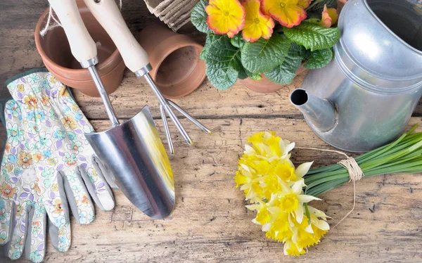 Trädgårdsutrustning Och Blommor — Stockfoto