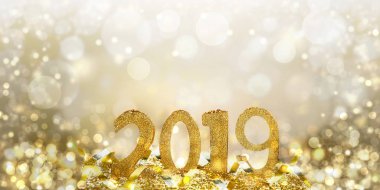 Soyut altın ışıltılı rakamlar 2019 ayakta ışıklar arka plan bulanıklık