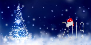 2019 yeni yıl ve mavi arka plan ve kar efekti soyut Noel ağacına Noel şapka