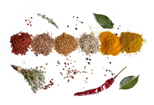 Top View Heaps Indian Powder Spices Thyme Pepper White Background — Stock Photo, Image
