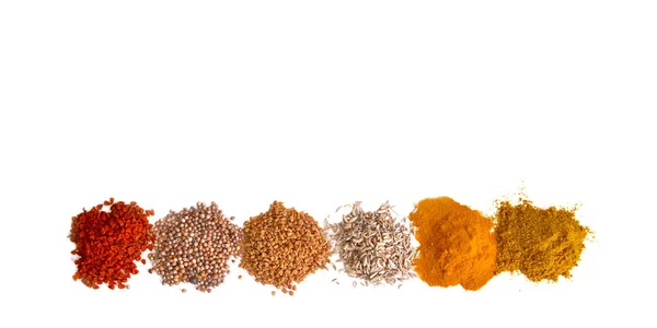 Top View Heaps Indian Powder Spices Arranged Line White Background — Stock Photo, Image