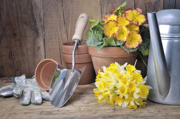 Bloemen ingegoten en boeket van narcissen met Tuinaccessoires — Stockfoto