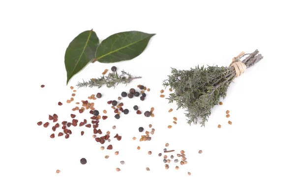 Bunch of thyme, leaf od laurel  and colorful seeds on white background — Stock Photo, Image