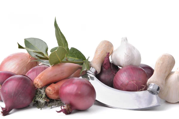 Onions, garlics and shallots with a manual chopper on white background — Stock Photo, Image