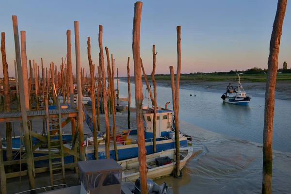 Little fishing boats in a fairway at low tide at sunset — Stock Photo, Image