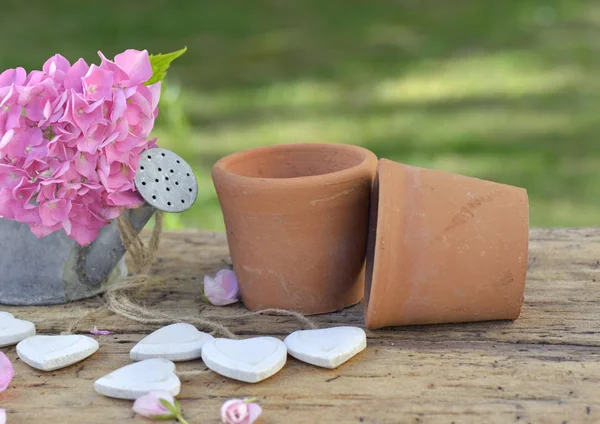 Pots de fleurs en terre cuite sur une table de jardin avec des cœurs blancs en bois — Photo