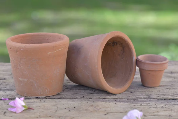 Grupo de vasos de flores de terracota colocados em mesa de madeira em um jardim — Fotografia de Stock