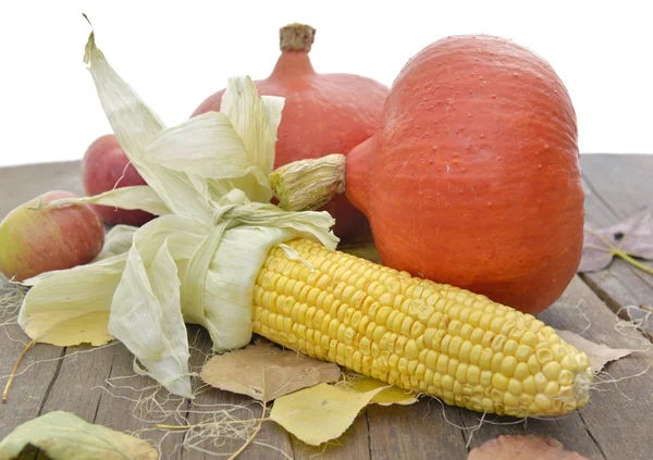 Maïs et citrouilles sur une table en bois sur fond blanc — Photo