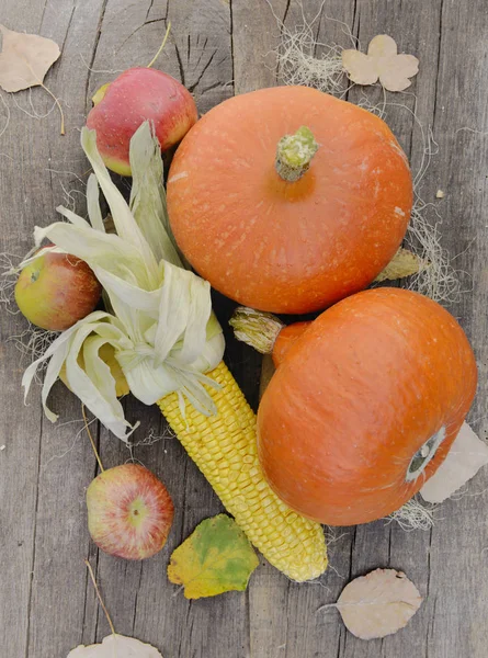 南瓜玉米和红苹果在一个质朴的桌子上与秋天的叶子 — 图库照片