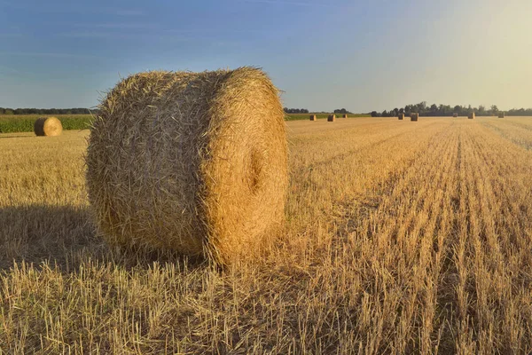 Paesaggio paesaggistico rurale con un fieno in un campo al tramonto — Foto Stock