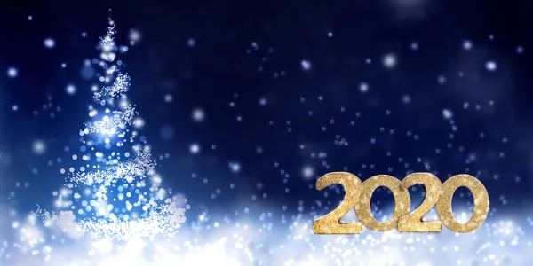 Nieuwjaar Gouden cijfers 2019 op abstracte nacht in de sneeuw en met een kerstboom in Blur lichten — Stockfoto