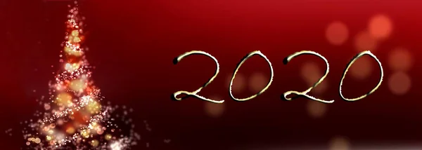 2020 escrito en fondo rojo con un árbol de navidad iluminado abstracto —  Fotos de Stock