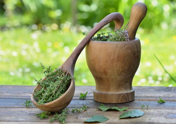 Aromatische Kruid Een Houten Vijzel Lepel Een Tafel Tuin — Stockfoto