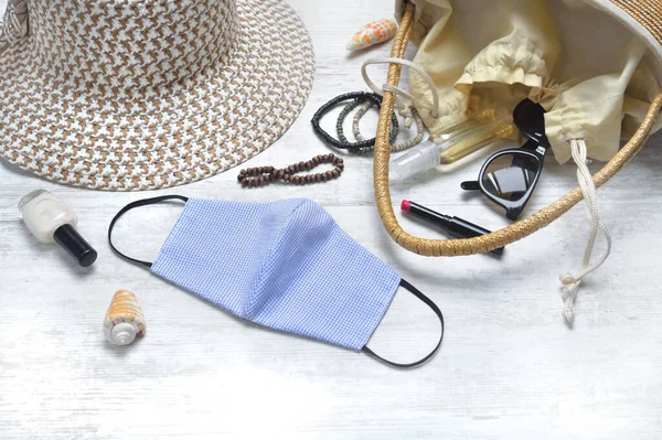 Fabric Handmade Mask Table Woman Handbad Beauty Accessories Summer Hat — Stock Photo, Image