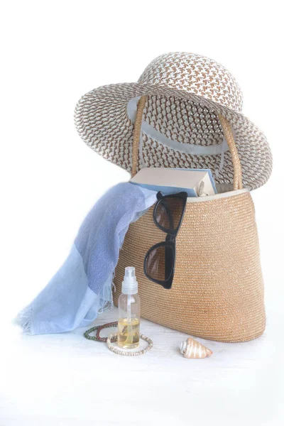 Straw Bag Hat Female Accessories Beach White Background — Stock Photo, Image