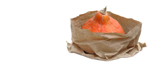 Fresh Pumpkin Brown Paper Bag Put Table White Background — Stock Photo, Image