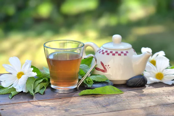 Cup Mint Tea Teapot Wooden Table Garden Fresh Leaf White — Stock Photo, Image