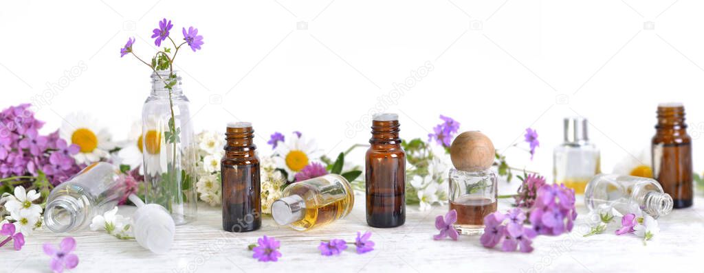 bottles of essential oil and fresh flowers on white background