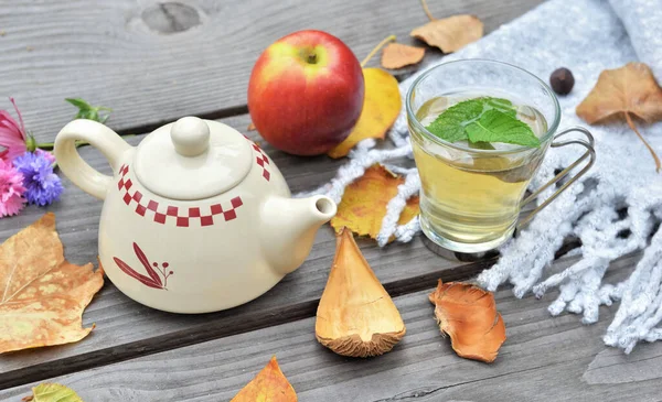 Cup Tea Wooden Table Garden Teapot Autumnal Leaf Red Apple — Stock Photo, Image