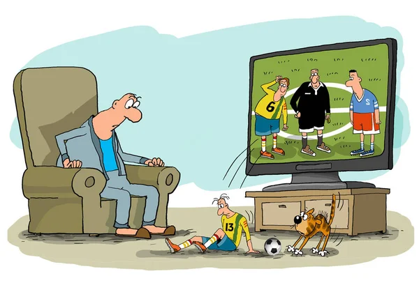En man tittar på en fotbollsmatch på TV — Stockfoto